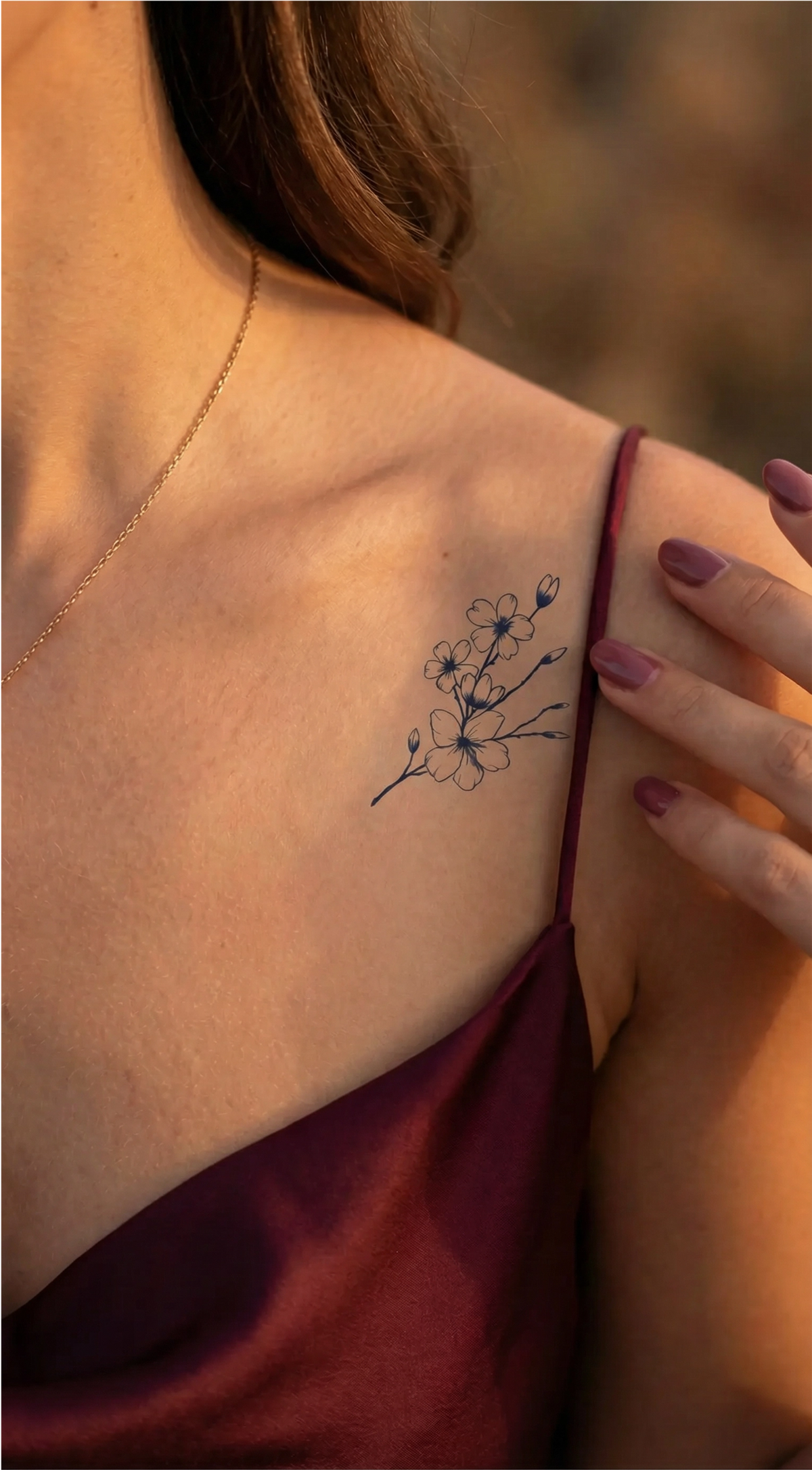 Model temporar de tatuaj cu ramură de sakura, linie fină, pe umăr